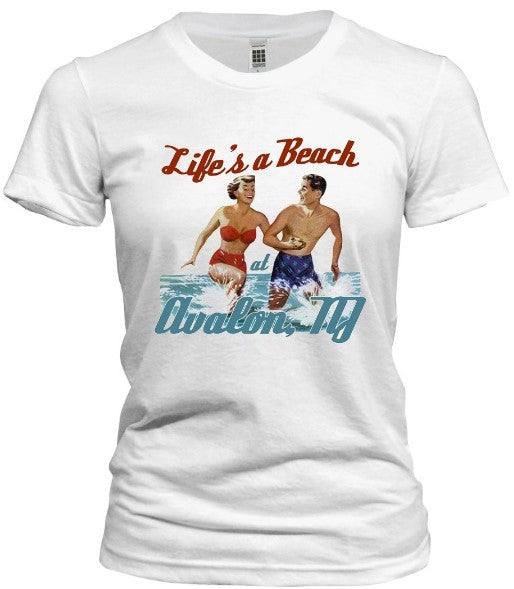 Vintage Avalon "Life's A Beach" white sand T-shirt, 100% ringspun cotton.