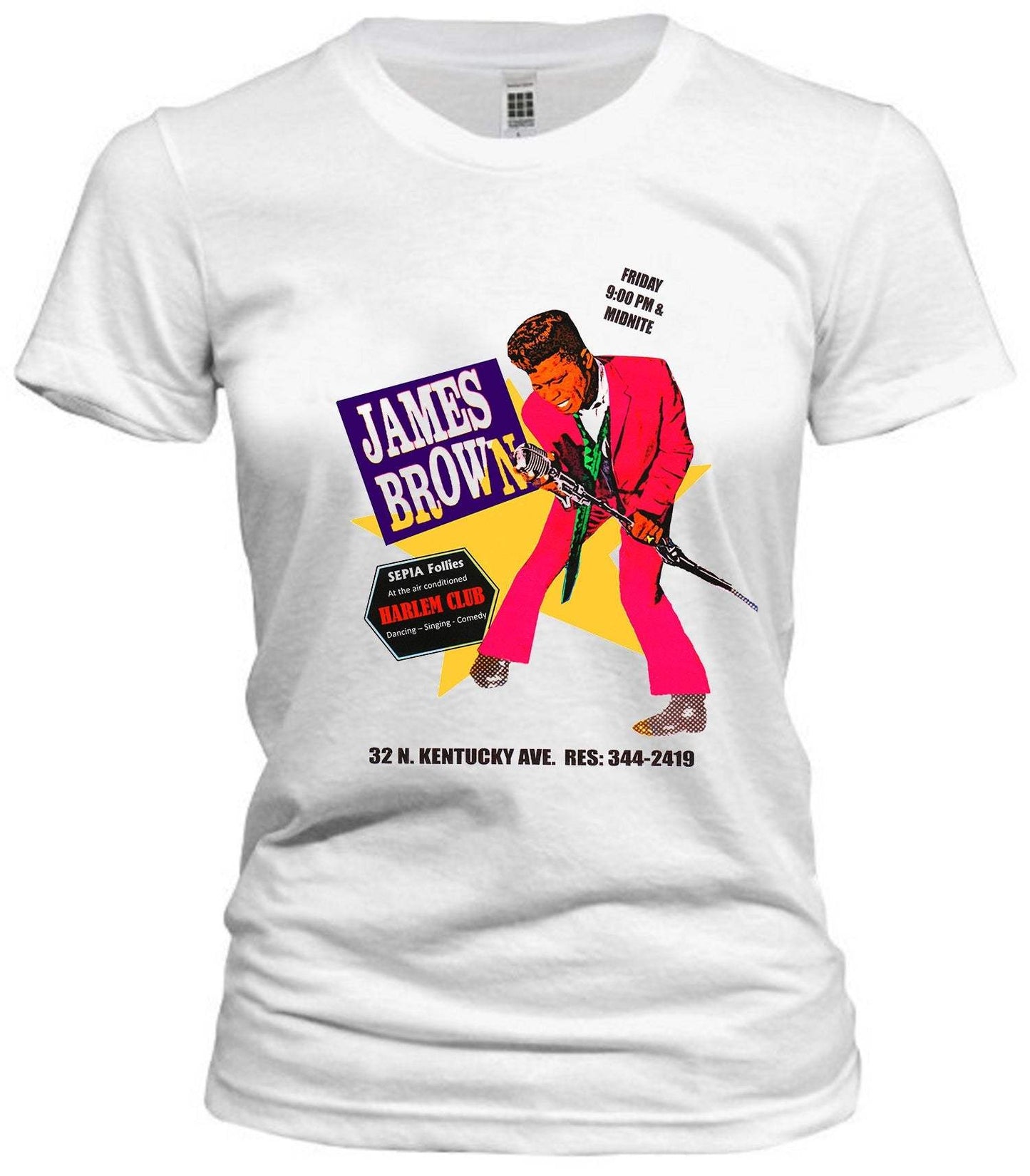 Vintage James Brown Harlem Club tee in Stardust color, 100% preshrunk ringspun cotton.