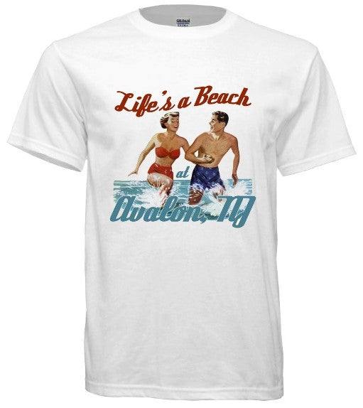 Vintage Avalon Life's A Beach apparel white sand t-shirt with retro beach design.
