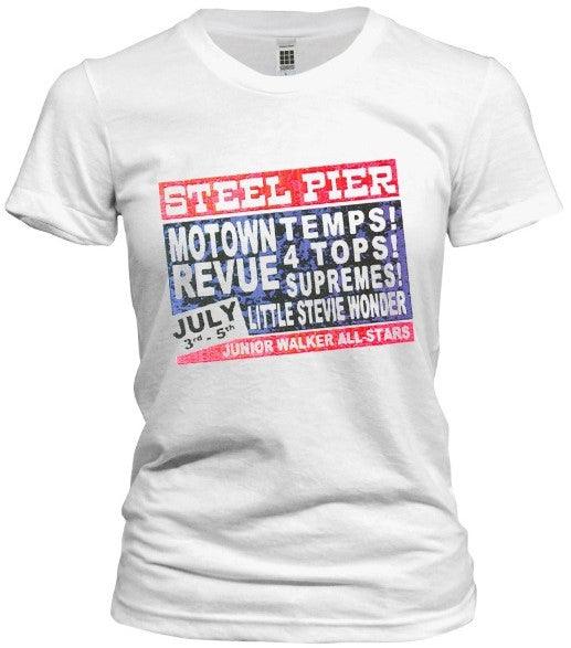 White Sand Steel Pier tee featuring Motown legends The Temps, Tops, Supremes, and Stevie Wonder in bold text.